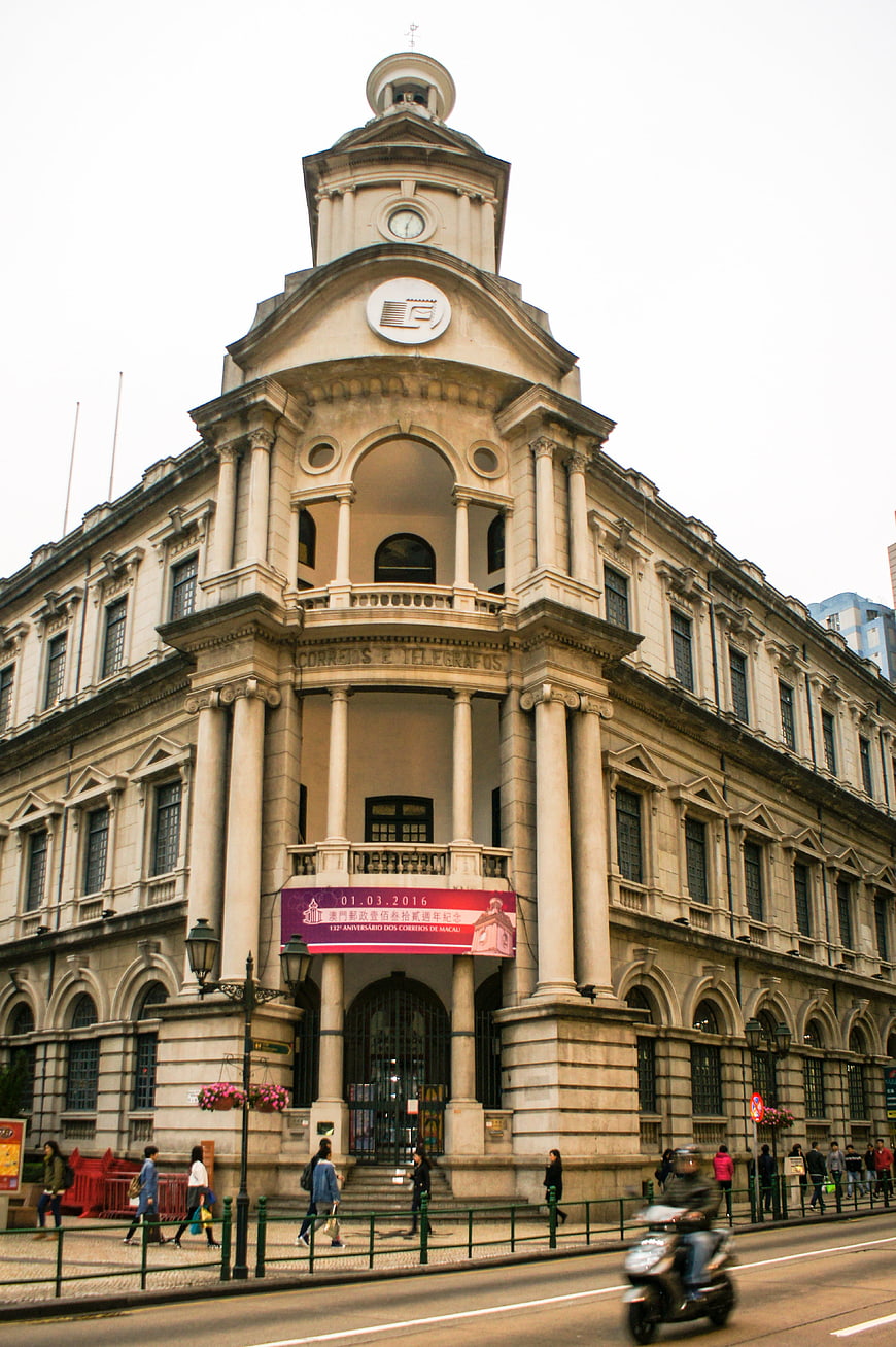 Historic Macau Post Office Building Facade With Pedestrians