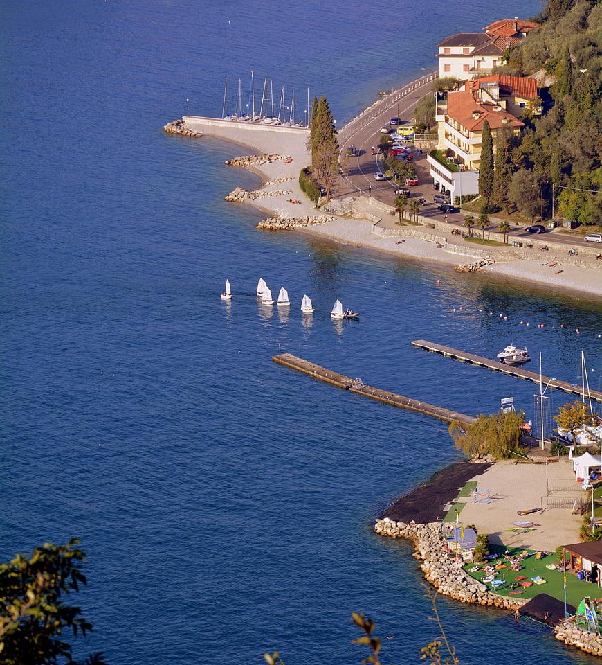Aerial view of sailboats on Lake Garda near Torbole