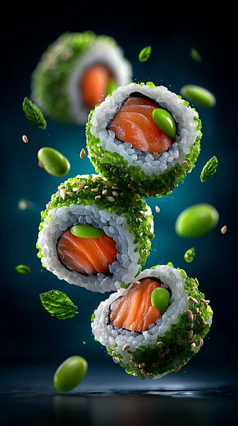 Floating Salmon Sushi Rolls with Edamame and Sesame Seeds
