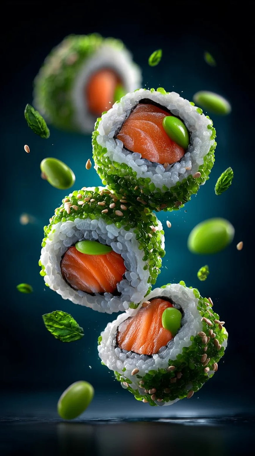 Floating Salmon Sushi Rolls with Edamame and Sesame Seeds