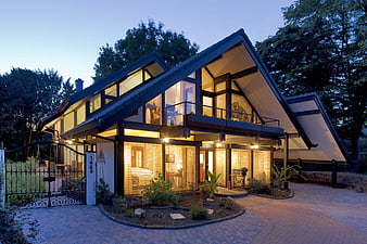 Modern Timber Frame House Exterior at Dusk