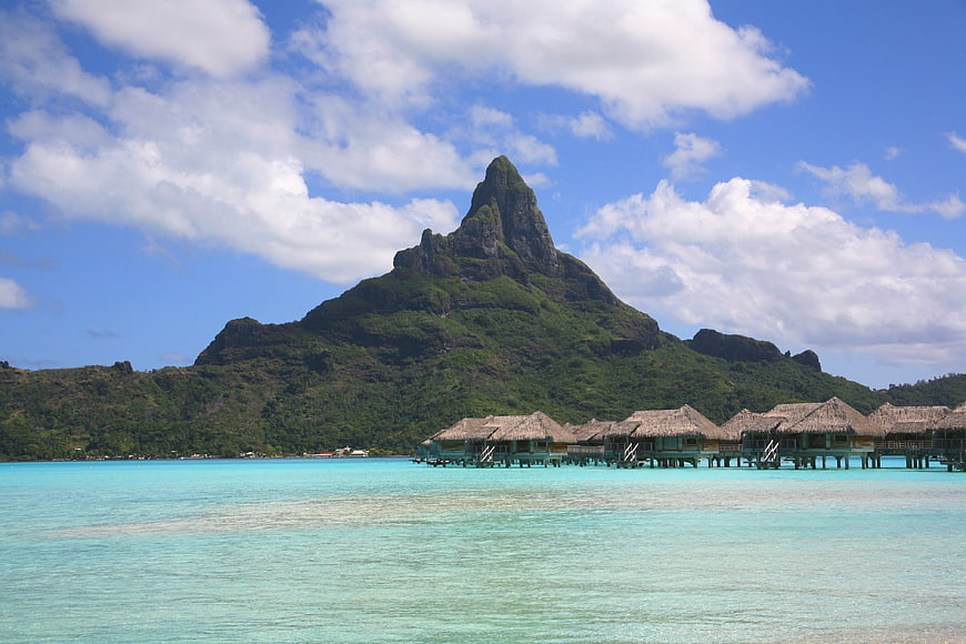 Overwater Bungalows in Bora Bora with Turquoise Lagoon