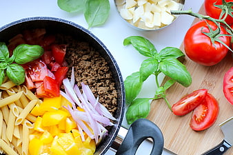 Fresh Pasta Ingredients Flat Lay with Vegetables and Meat