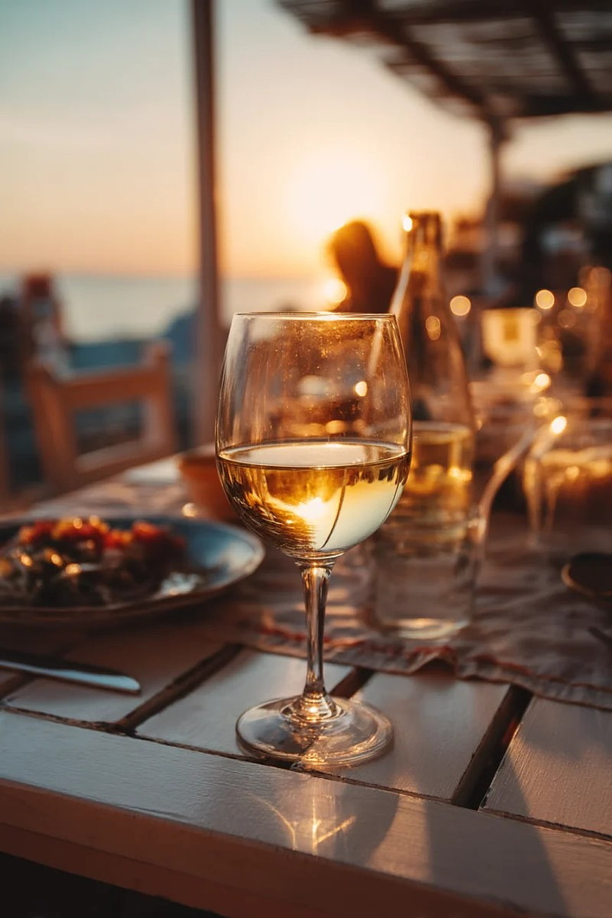 Glass of White Wine on Wooden Table at Sunset