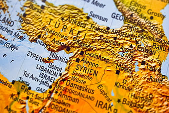 Close-up of Middle East map showing Syria, Turkey, and Lebanon