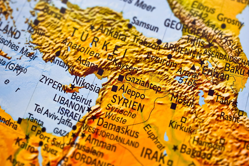 Close-up of Middle East map showing Syria, Turkey, and Lebanon