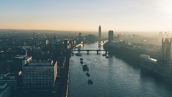 Aerial View of London Skyline and River Thames at Sunrise