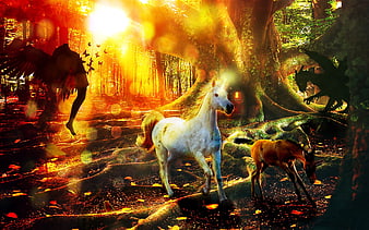 Magical Fantasy Forest Scene With White Unicorn, Dragon, And Fairy