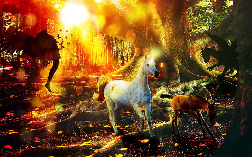 Magical Fantasy Forest Scene With White Unicorn, Dragon, And Fairy