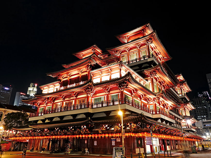 Illuminated Thian Hock Keng Temple at Night in Singapore