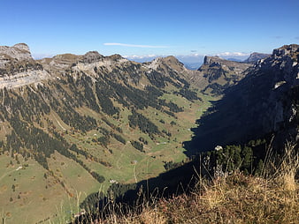 Panoramic Alpine Valley Landscape with Forested Slopes