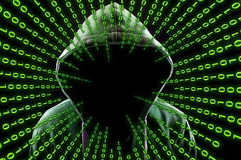 Anonymous Hacker in Hoodie with Green Binary Code Background