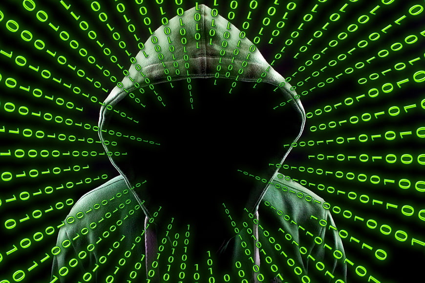 Anonymous Hacker in Hoodie with Green Binary Code Background
