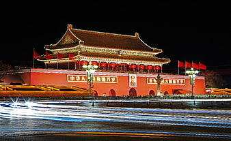 Tiananmen Gate at Night with Light Trails