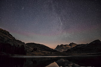 Shooting Star Over Mountain Lake at Night