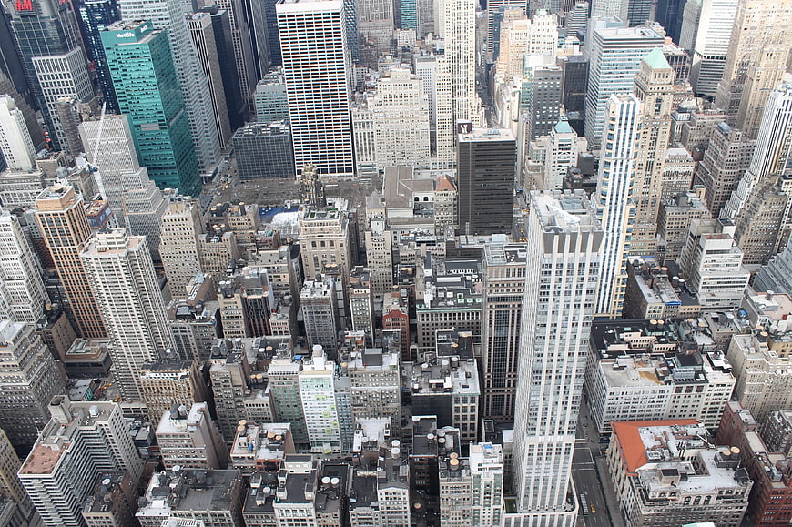 Aerial View of Dense Manhattan Skyline and Skyscrapers