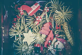 Vintage Wooden Christmas Ornaments in a Box