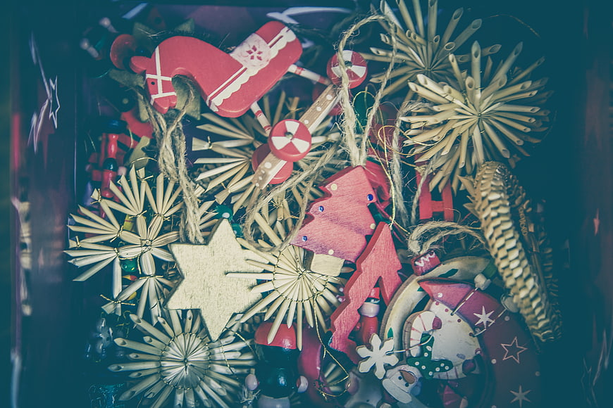 Vintage Wooden Christmas Ornaments in a Box