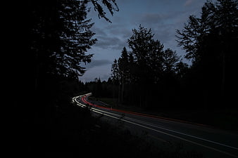 Long Exposure Light Trails on Winding Forest Road at Dusk