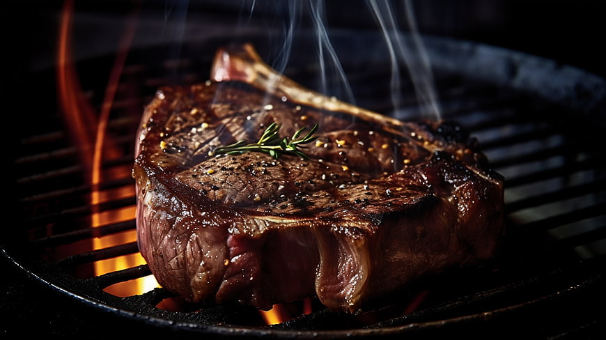 Sizzling Ribeye Steak Grilling on BBQ with Rosemary