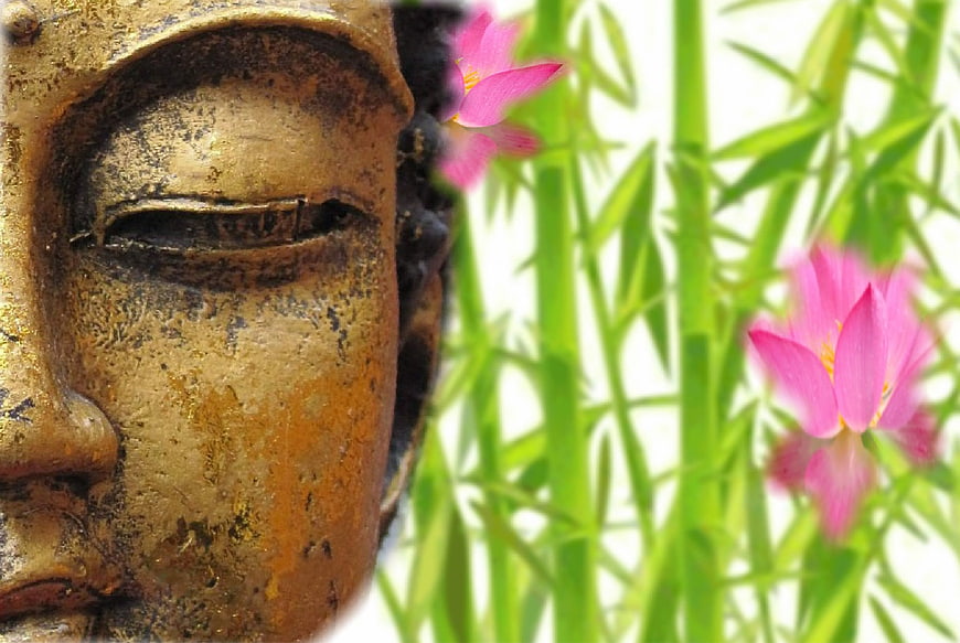Close-up of Golden Buddha Face with Pink Lotus Flowers