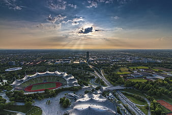 Aerial View of Munich Olympic Park and Stadium at Sunset
