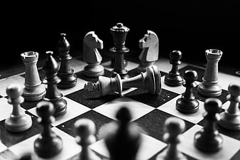 Black and white chess pieces with fallen king on board