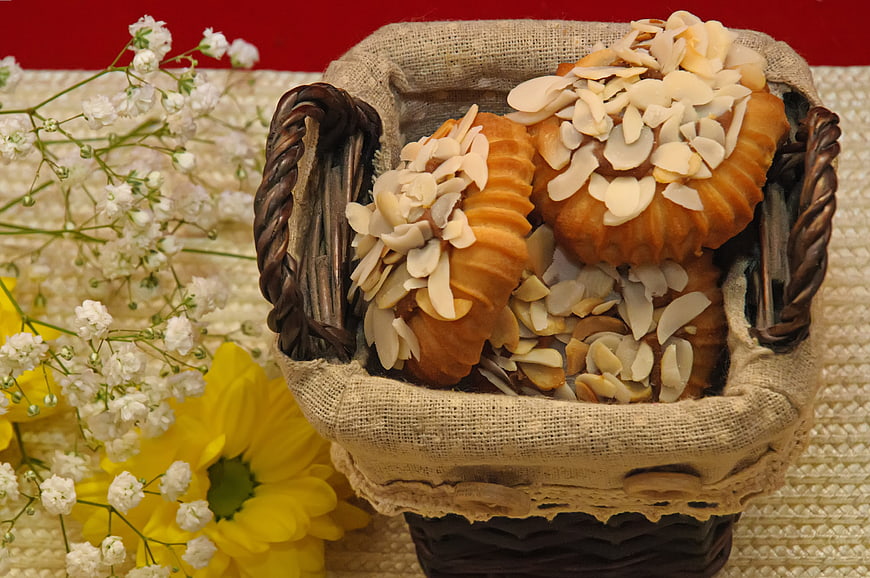 Almond Madeleines in Rustic Basket with Flowers