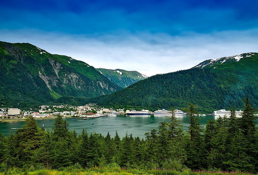 Scenic View of Juneau Alaska with Cruise Ships and Mountains