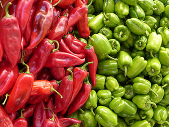 Fresh Red and Green Peppers Split Composition