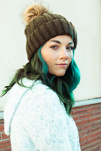 Portrait of Woman with Teal Hair and Knit Beanie