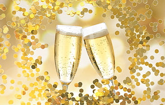 Two Champagne Glasses Clinking With Golden Confetti Background