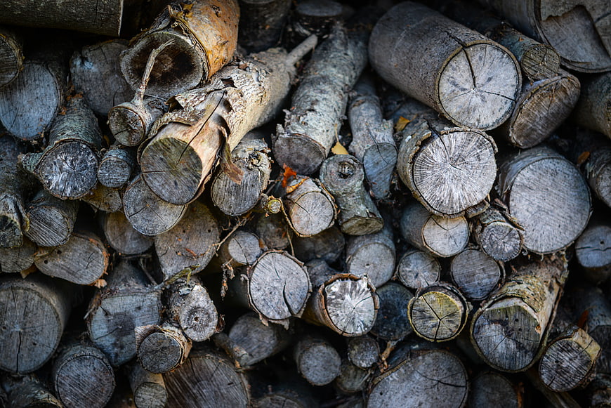 Stack of weathered firewood logs with textured bark