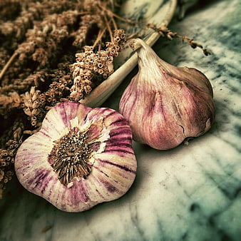 Purple Stripe Garlic and Dried Herbs on Marble