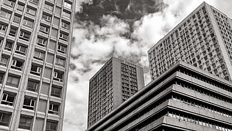 Black and White Low Angle View of Modern High-Rise Buildings