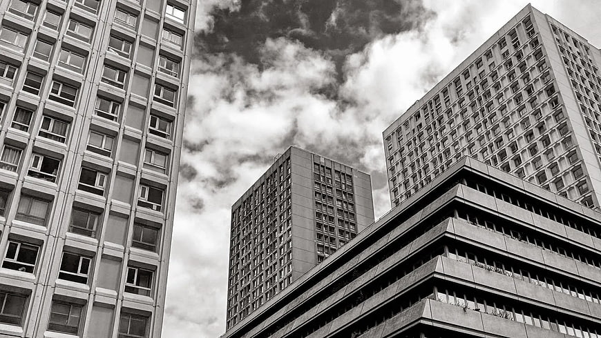 Black and White Low Angle View of Modern High-Rise Buildings