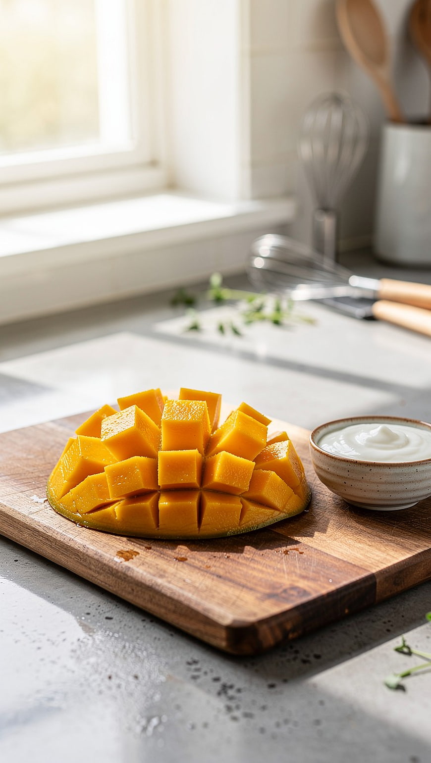 Sliced Mango on Wooden Board with Yogurt Dip