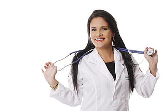 Smiling female doctor with stethoscope on white background