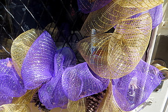 Shiny gold and purple mesh holiday garland decoration