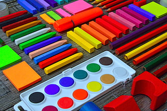 Colorful School Supplies Flat Lay With Crayons And Watercolors