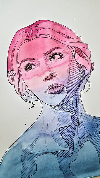 Watercolor and ink portrait of a woman with pink hair