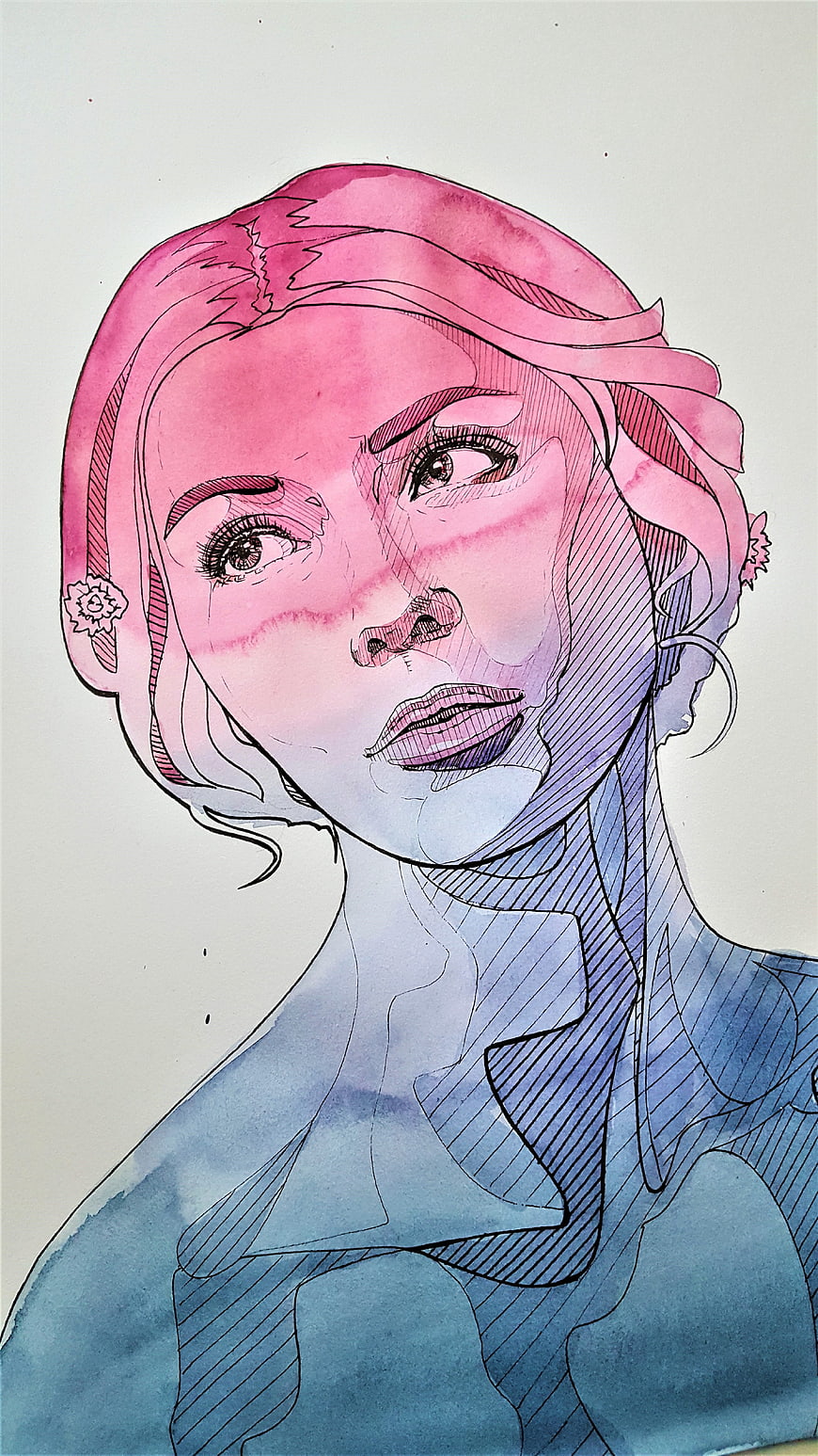 Watercolor and ink portrait of a woman with pink hair