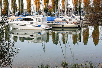 White motorboat and sailboats in autumn marina with reflections