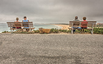 Two Couples Sitting on Benches Overlooking Beach