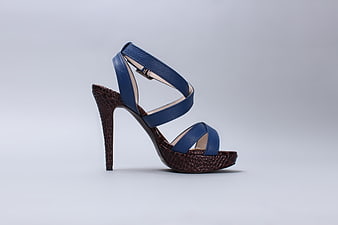 Blue and Brown Strappy High Heel Sandal on White Background