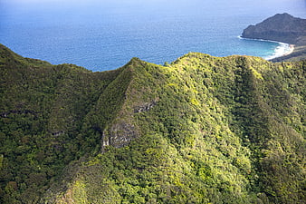 Aerial view of lush green mountain ridge overlooking blue ocean
