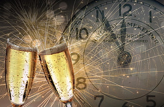Champagne Glasses and Sparklers Against Vintage Clock Face