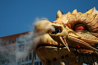 Golden Dragon Head Sculpture Emitting Smoke