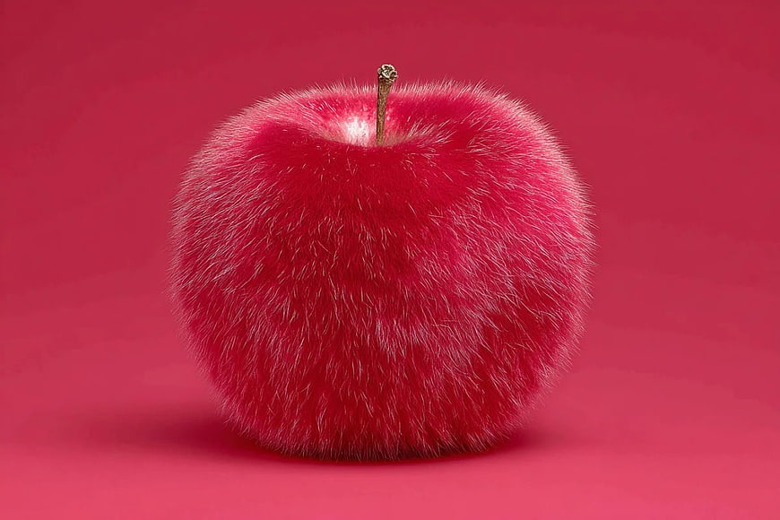 Surreal Fluffy Red Apple on Pink Background