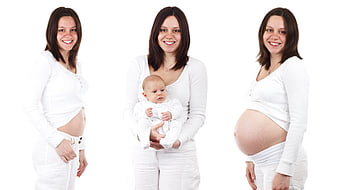 Pregnant woman and newborn baby collage on white background